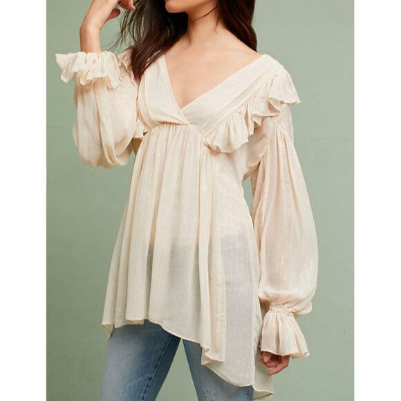 Anthropologie Boho Ruffle Tunic Top Womens 0 Ivory V-Neck Long Sleeve Fairycore - Picture 1 of 11